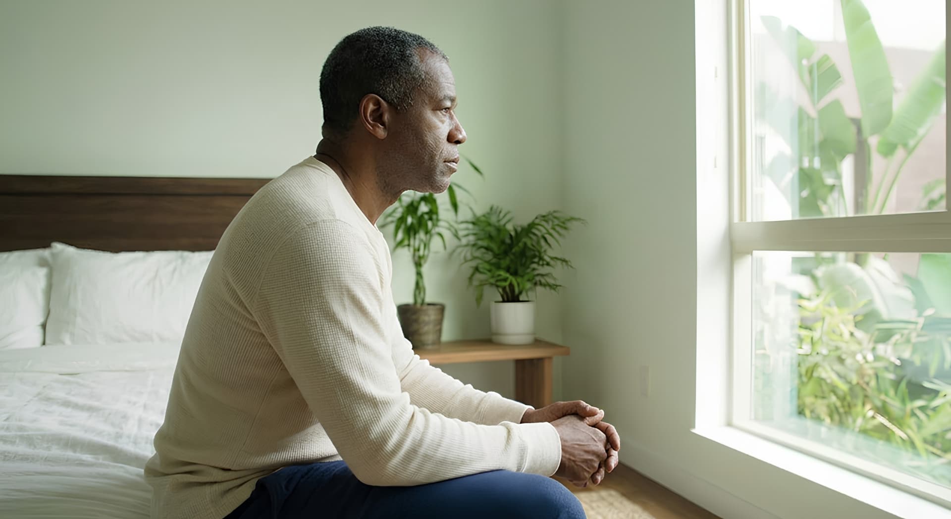 A patient looking out a window mid-recovery