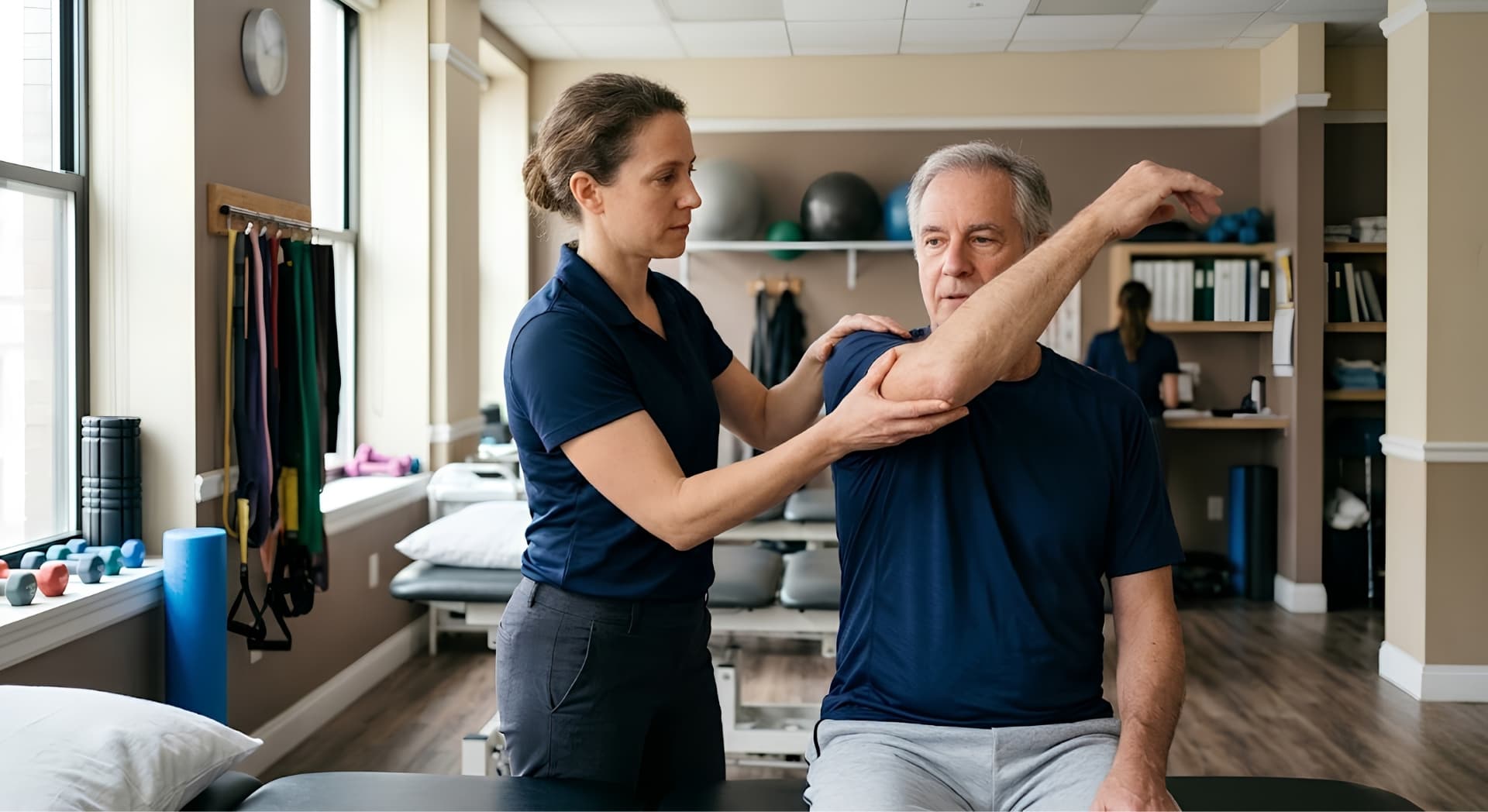 A physical therapist working with a patient on movement