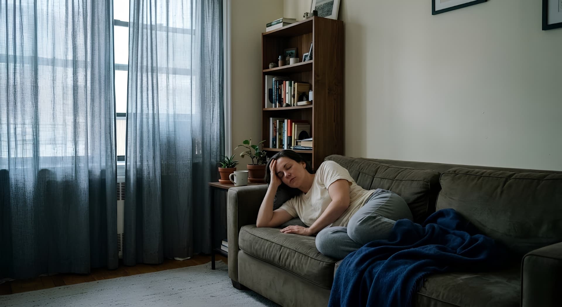 A patient with a migraine in dim natural light