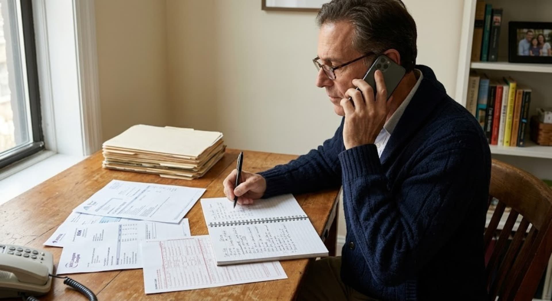 A patient on hold with bills and paperwork on a kitchen table