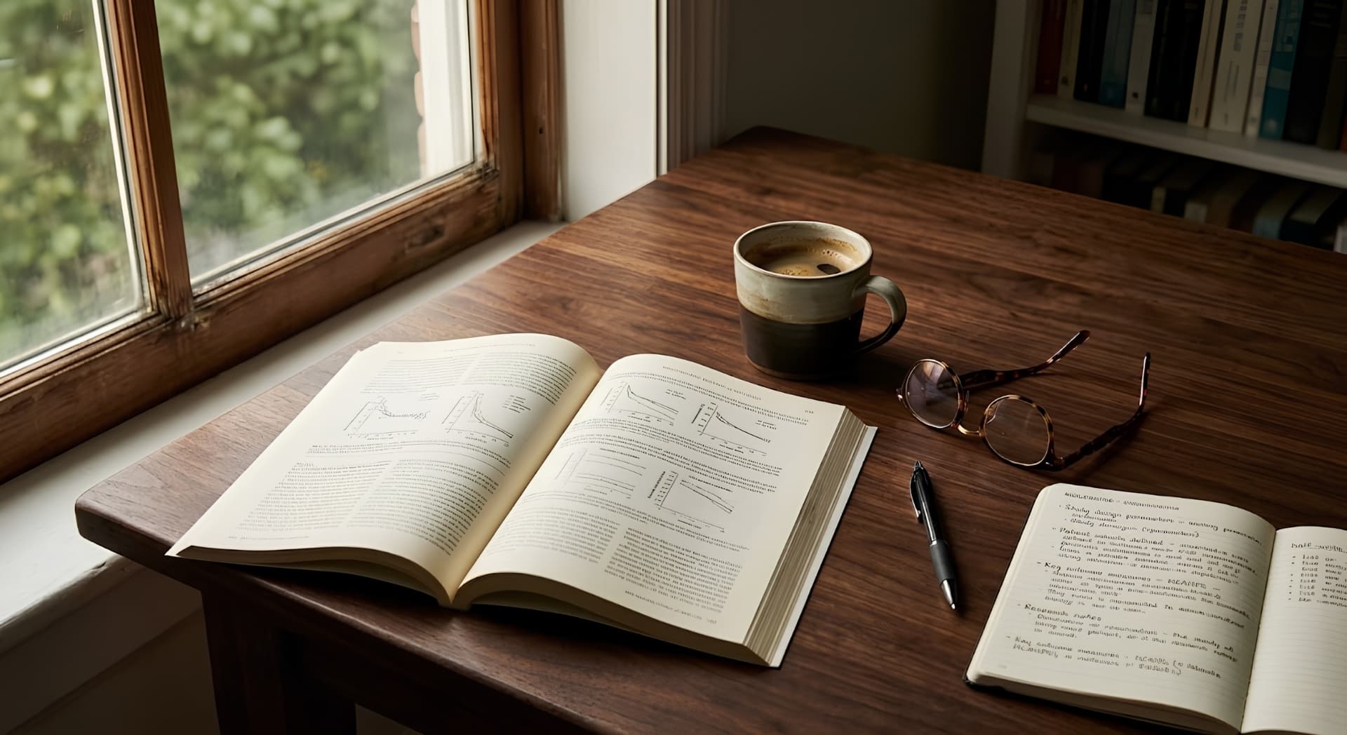 A medical journal open on a table next to coffee