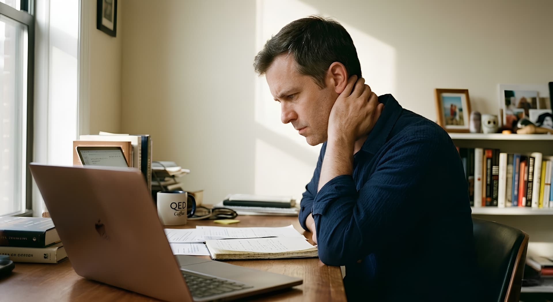 A patient holding the back of their neck in discomfort